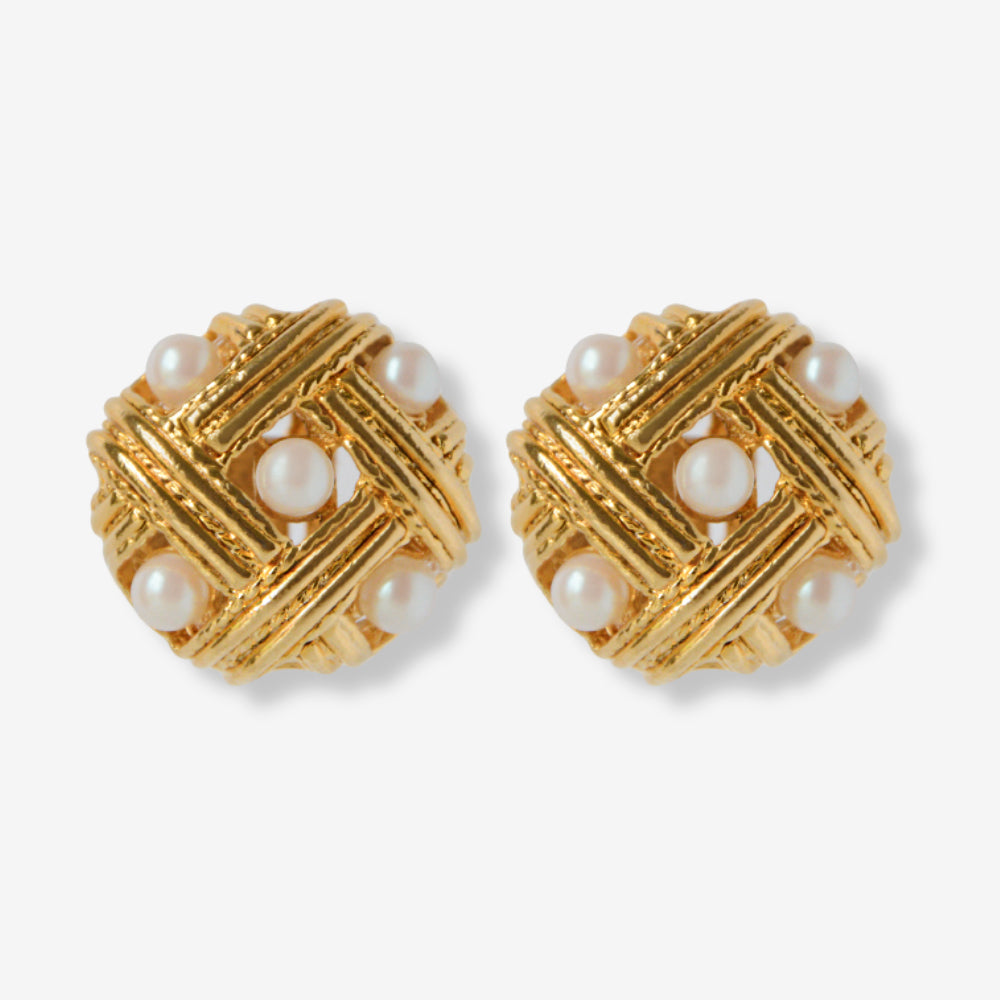 VINTAGE 1980S IMITATION PEARLS WEAVED ROUND STATEMENT CLIP ON EARRINGS