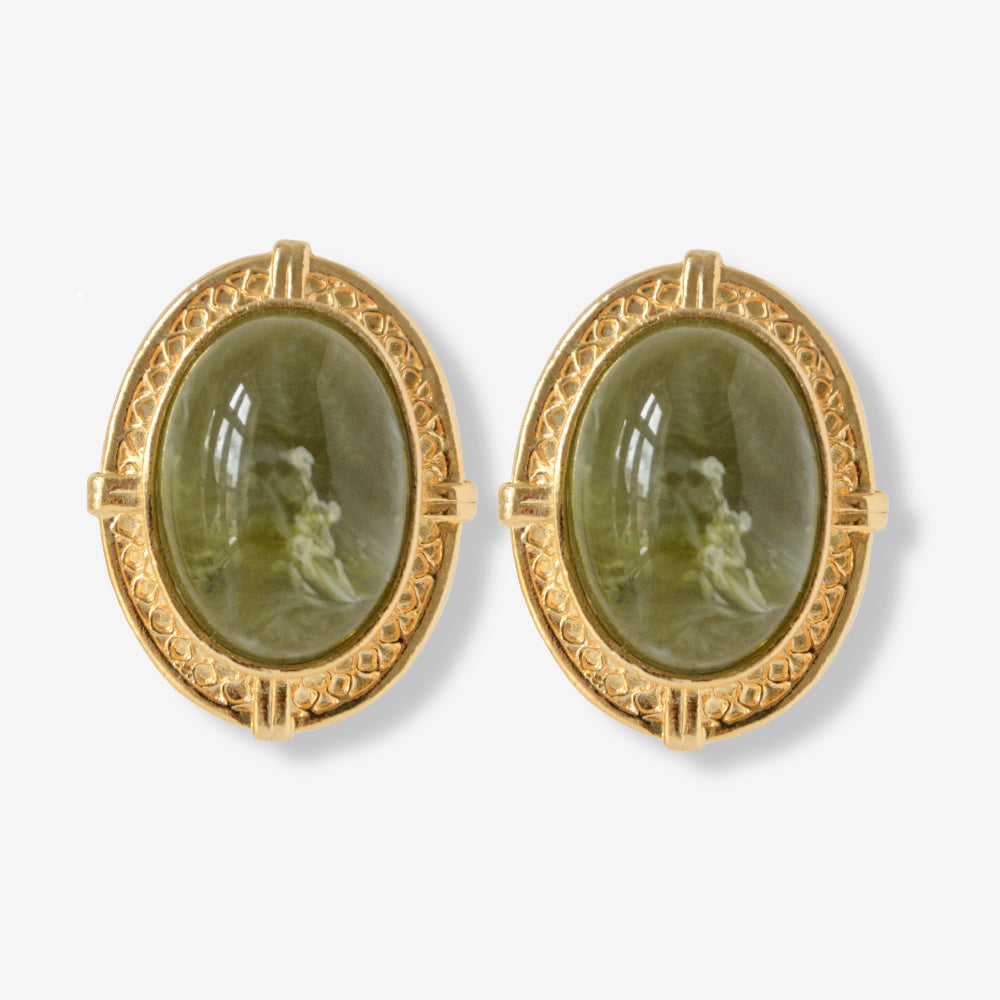 VINTAGE 1980S LARGE OLIVE LUCITE OVAL CLIP ON EARRINGS