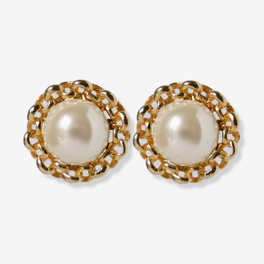 VINTAGE 1980S STATEMENT CHAIN LINKED ROUND IMITATION PEARL CLIP ON EARRINGS