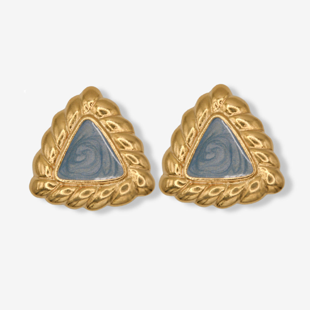 VINTAGE GOLD-PLATED ICY BLUE TRIANGULAR ROPE TEXTURE EARRINGS