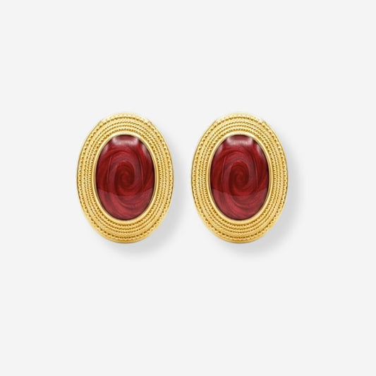 VINTAGE 1980S ETCHED OVAL BURGUNDY CLIP ON EARRINGS | SOH VINTAGE 