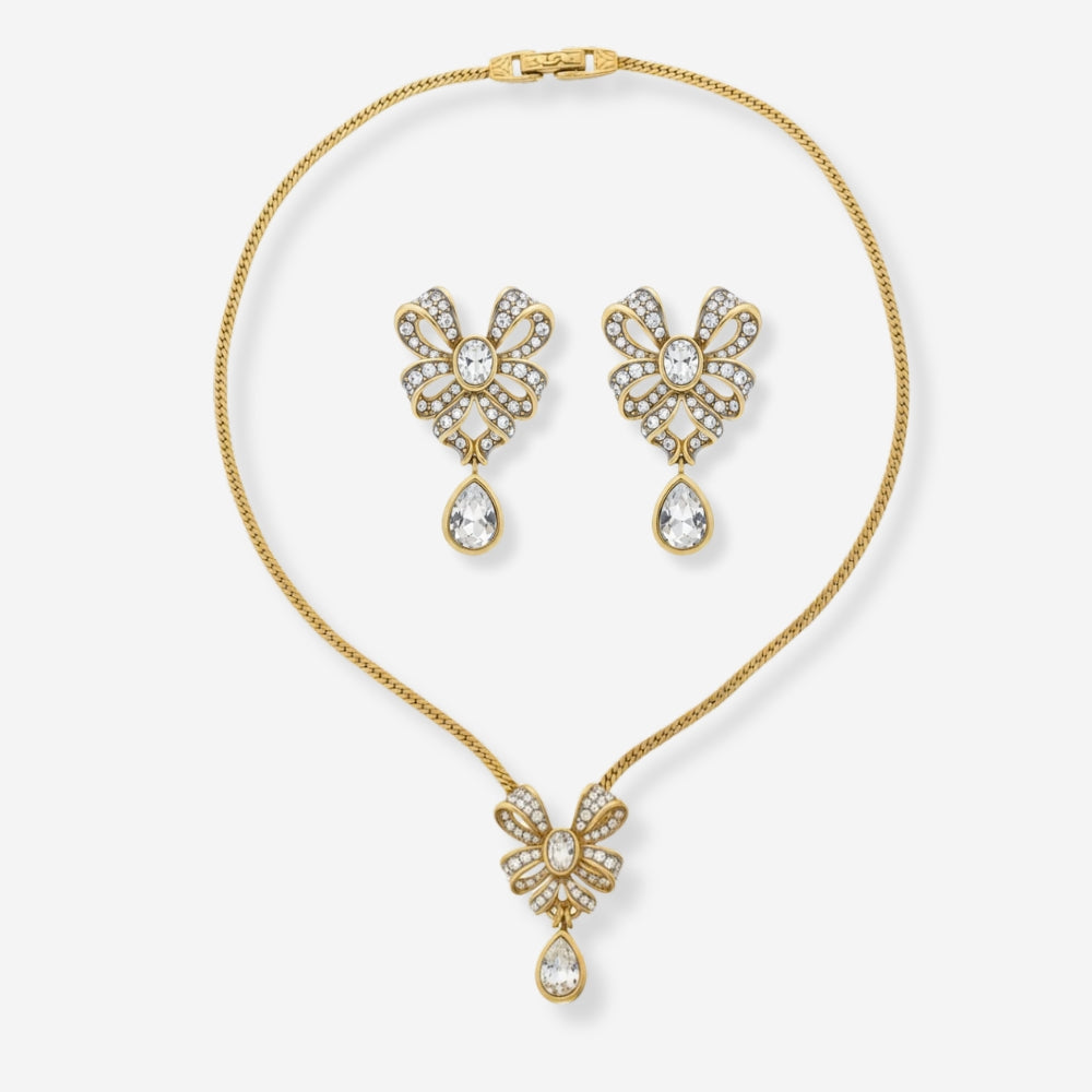 VINTAGE 1980S ORNATE BOW PENDANT NECKLACE & CLIP ON  EARRINGS SET