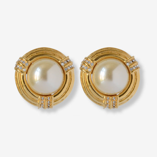 VINTAGE 1980S IMITATION PEARL CIRCULAR CLIP ON EARRINGS WITH CRYSTALS