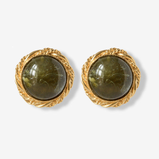 VINTAGE STATEMENT 1980S OLIVE GREEN LUCITE GOLD PLATED CIRCULAR CLIP ON EARRINGS