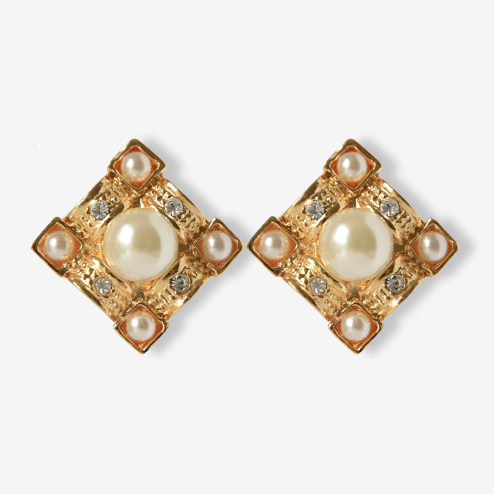 GOLD-PLATED VINTAGE RHOMBUS IMITATION PEARL EARRINGS