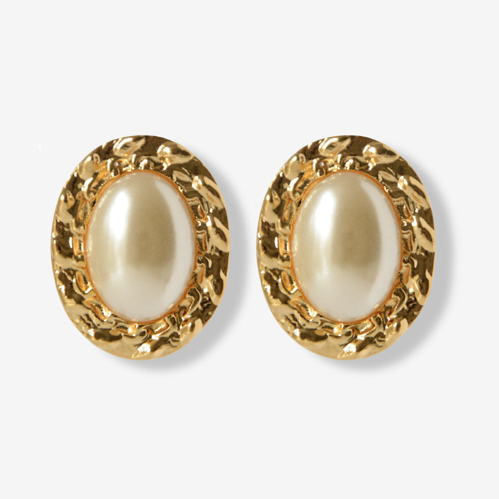 VINTAGE 1980s  TEXTURED OVAL  IMITATION PEARL EARRINGS