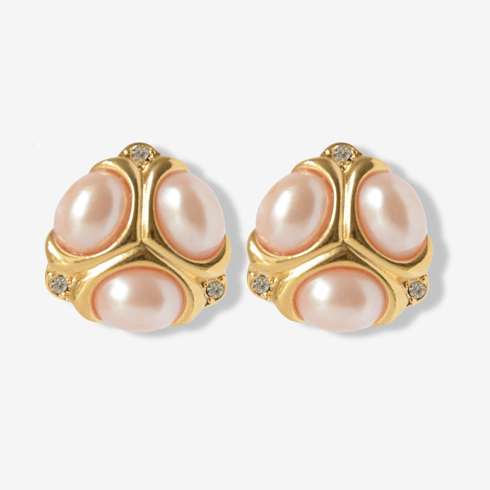 VINTAGE GOLD-PLATED TRIANGULAR  BLUSH TONE  IMITATION PEARL EARRINGS