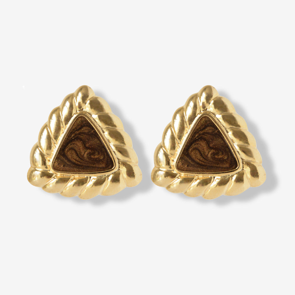 VINTAGE GOLD-PLATED MAHOGANY TRIANGULAR ROPE TEXTURE EARRINGS