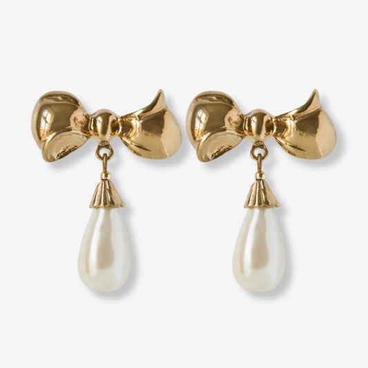 VINTAGE 1980S GOLD PLATED BOW IMITATION PEARL DROP EARRINGS