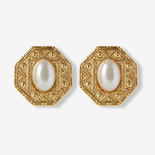 VINTAGE 1980S ETCHED HEXAGON IMITATION PEARL CLIP ON EARRINGS