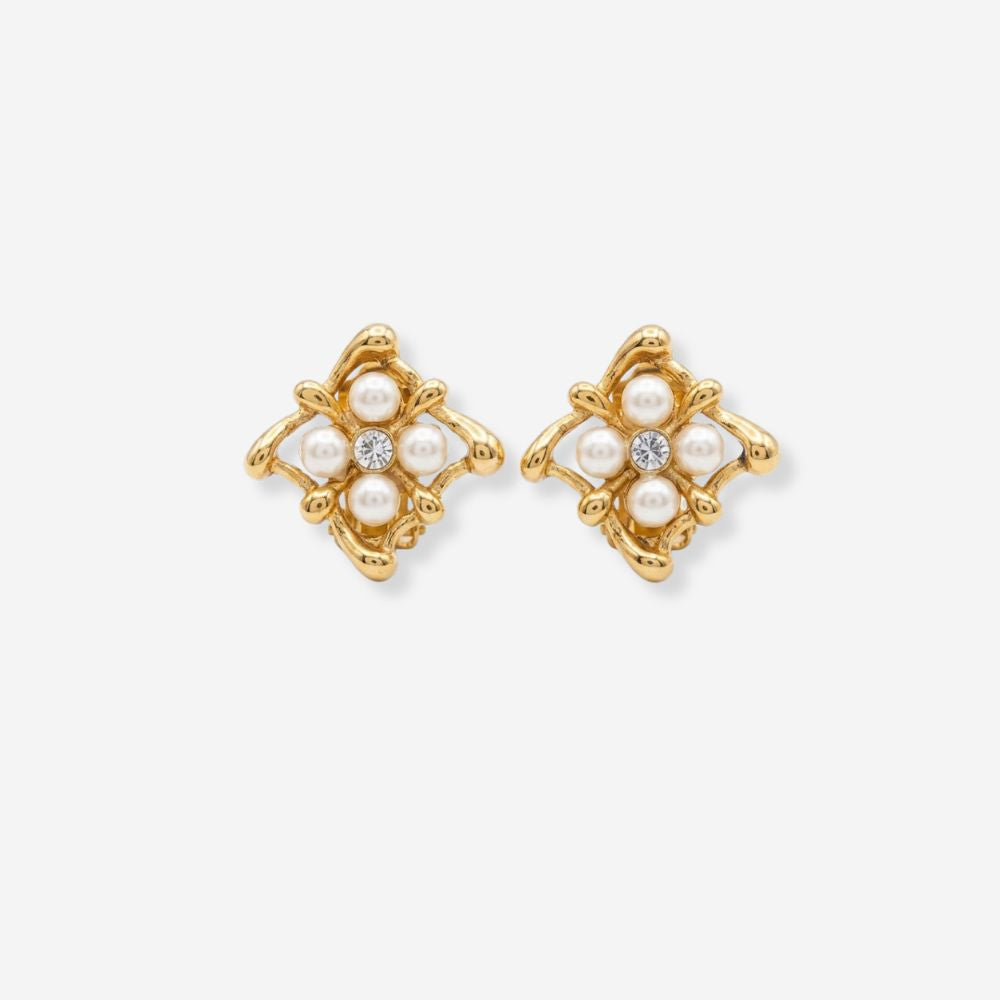 VINTAGE 1990S SQAURE PEARL CLUSTER CLIP ON EARRINGS