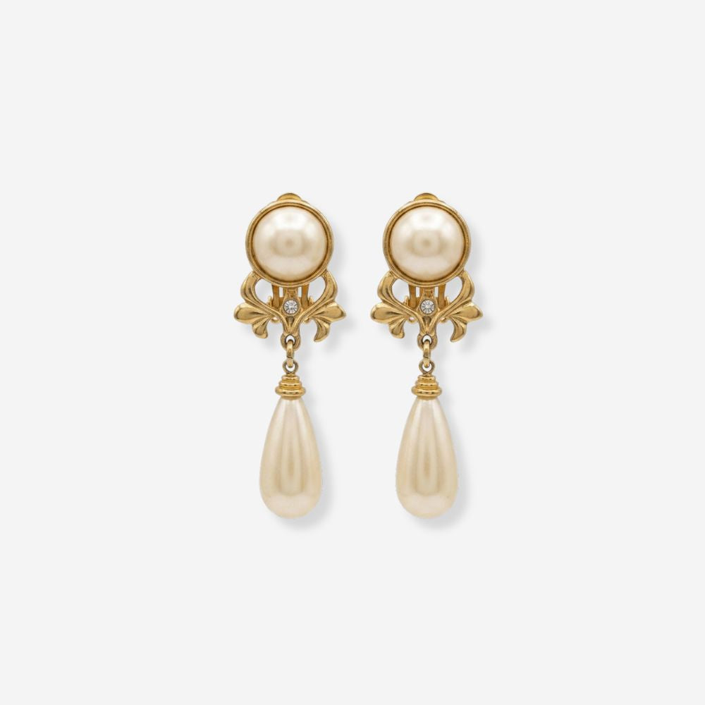 VINTAGE 1990S ART DECO STYLE PEARL DROP CLIP ON EARRINGS