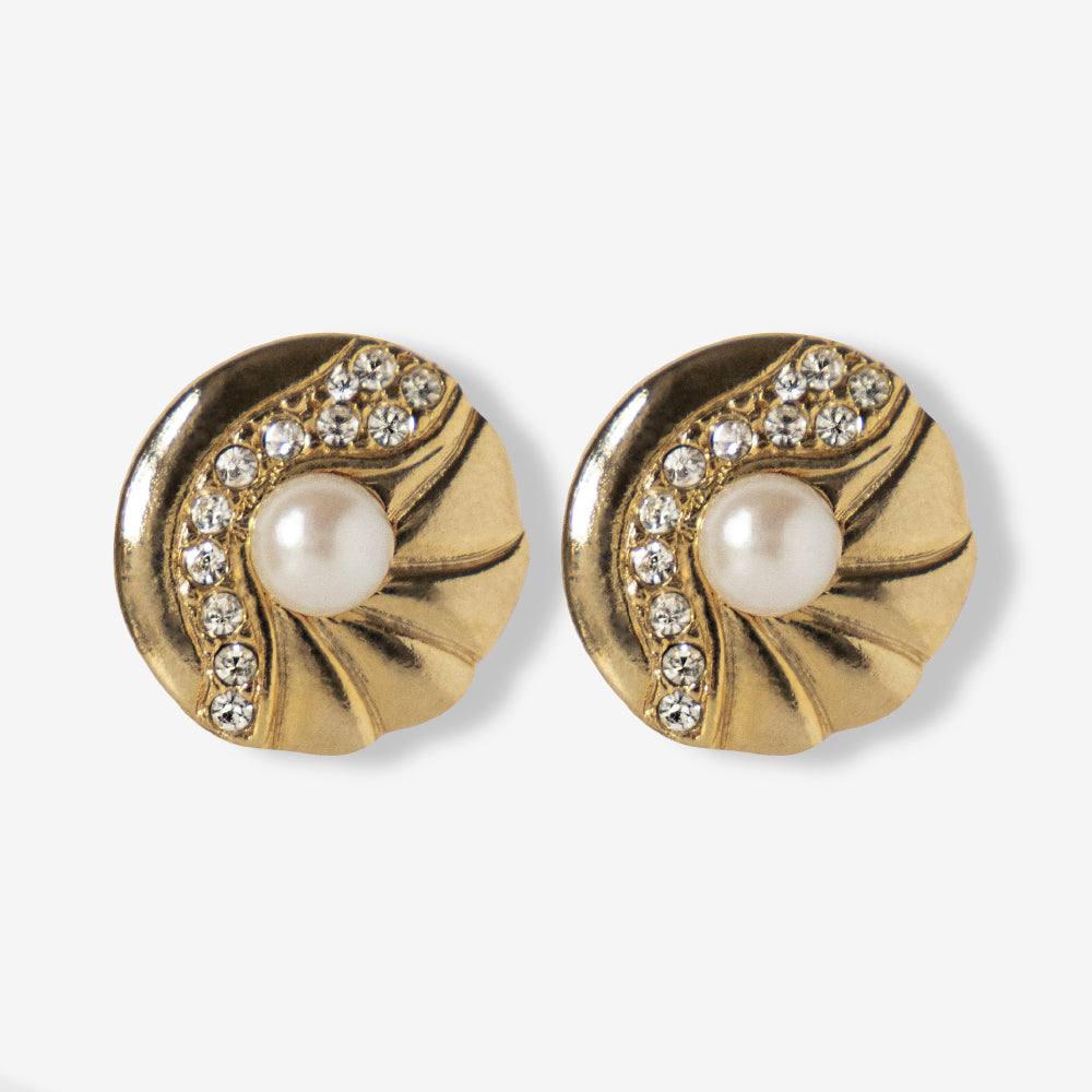 VINTAGE 1980S ABSTRACT CIRCLE IMITATION PEARL AND CRYSTAL CLIP ON EARRINGS
