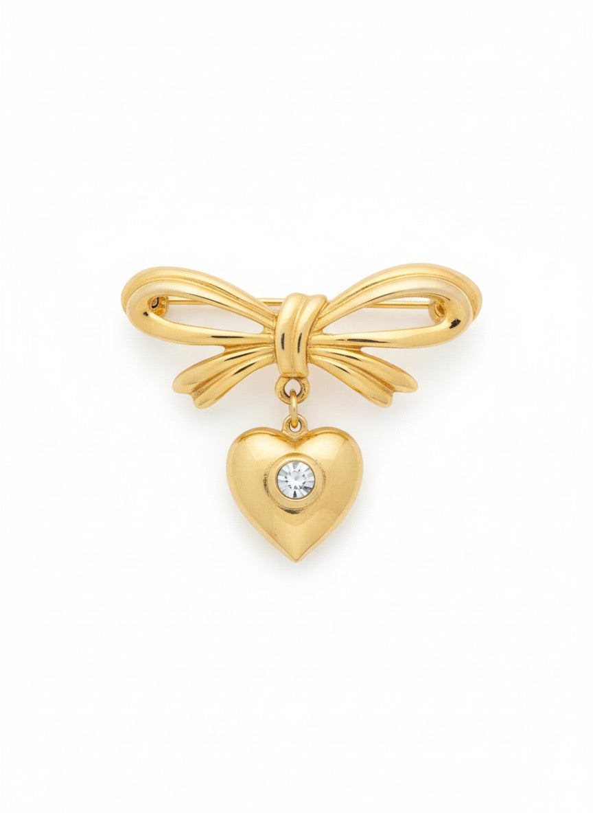 VINTAGE 1980S BOW WITH HEART CHARM BROOCH