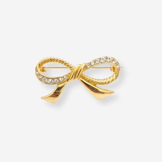 VINTAGE 1980S  CRYSTAL RIBBED BOW BROOCH