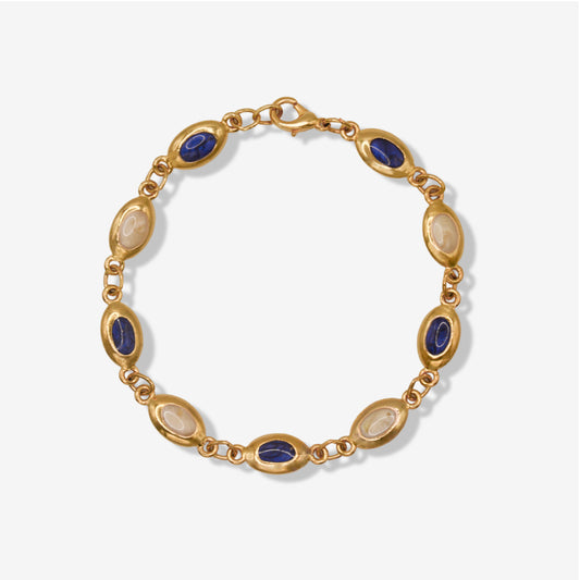 VINTAGE 1980S DAINTY NAVY AND IVORY HAND PAINTED OVAL LINK BRACELET