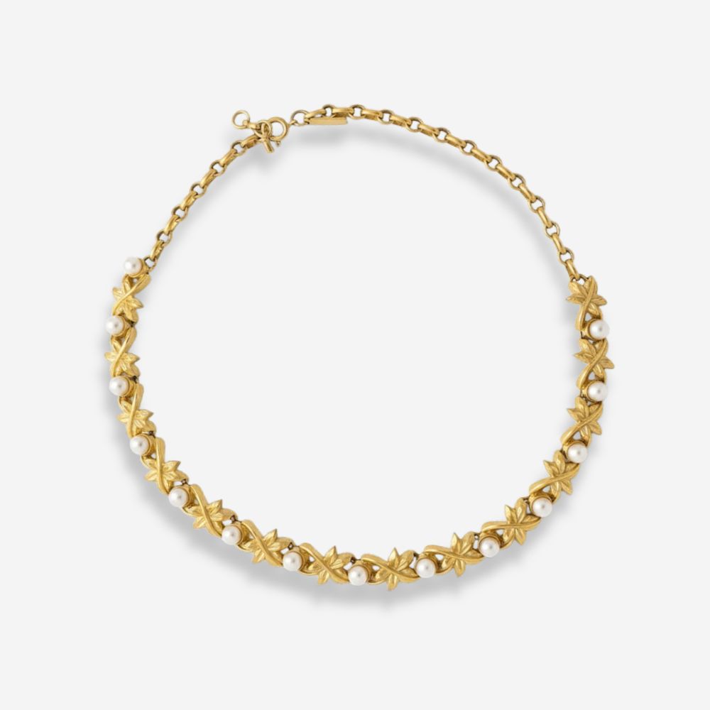 VINTAGE 1980S FLORAL IMITATION PEARL CORO CRAFT NECKLACE