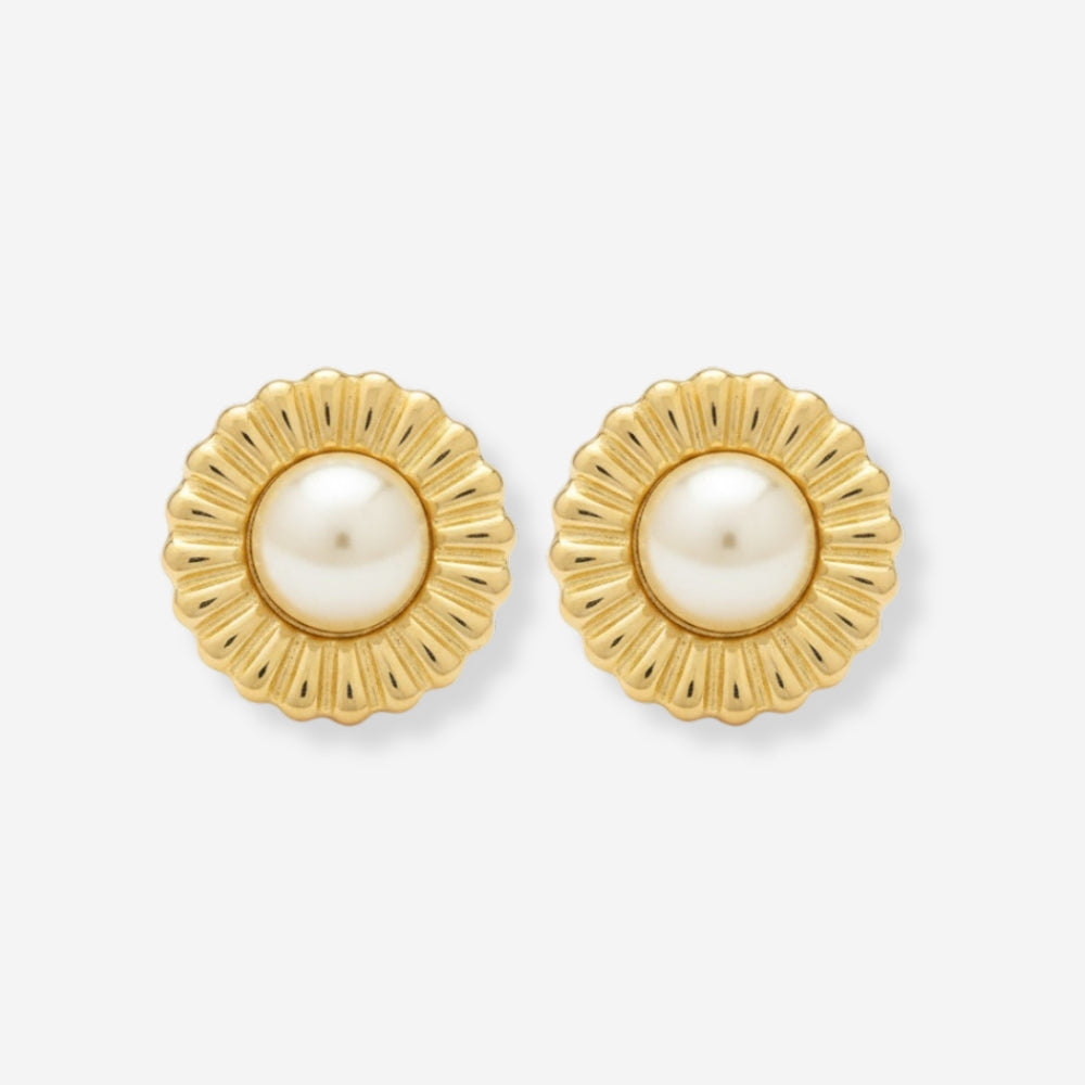 VINTAGE 1980S IMITATION PEARL SCALLOPED EDGE ROUND  EARRINGS