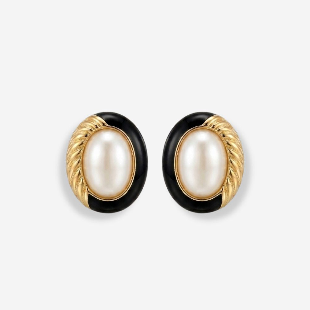VINTAGE 1980S  OVAL BLACK & PEAR RIBBED  EARRINGS  