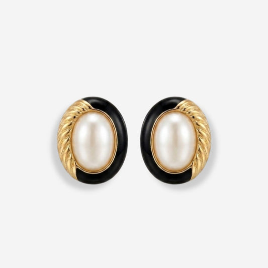 VINTAGE 1980S  OVAL BLACK & PEAR RIBBED  EARRINGS  