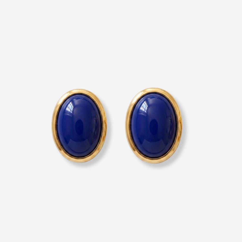 VINTAGE 1980S OVAL NAVY BLUE CLASSIC CLIP ON  EARRINGS 