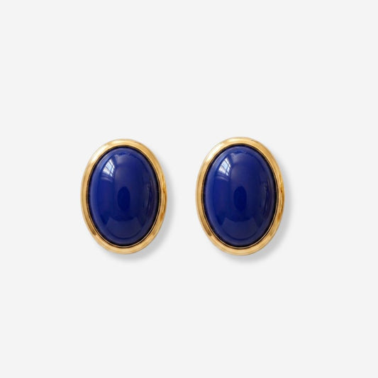 VINTAGE 1980S OVAL NAVY BLUE CLASSIC CLIP ON  EARRINGS 