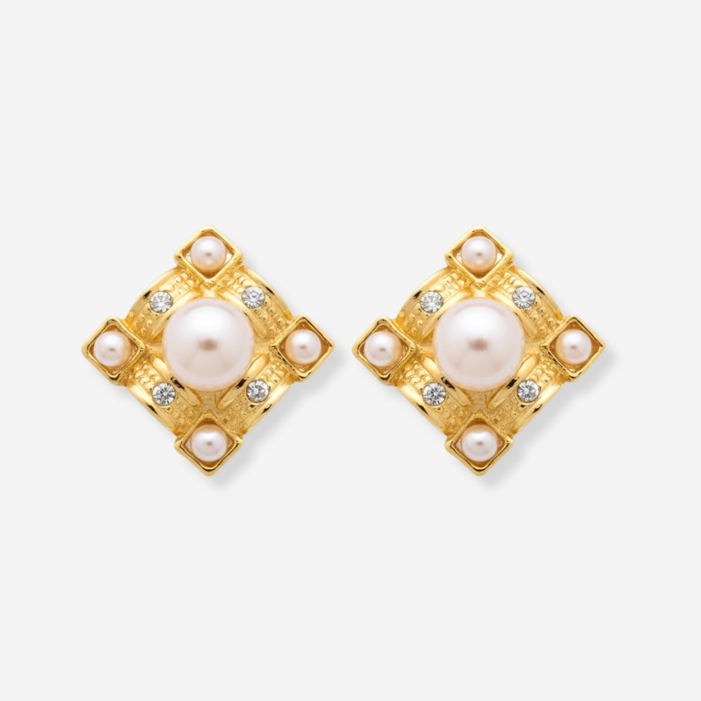 VINTAGE 1980S  RHOMBUS IMITATION PEARL  AND CRYSTAL STATEMENT EARRINGS