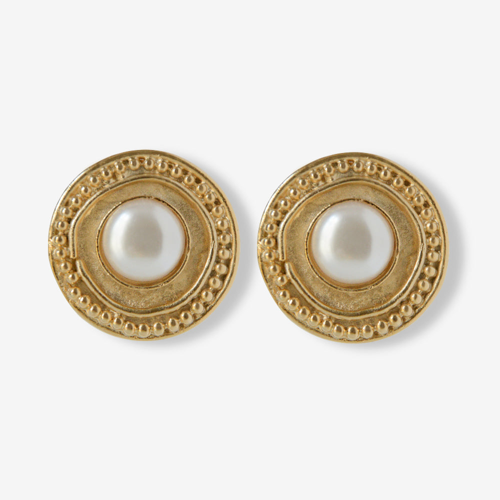 VINTAGE 1980S RIDGED IMITATION PEARL CIRCULAR CLIP ON EARRINGS