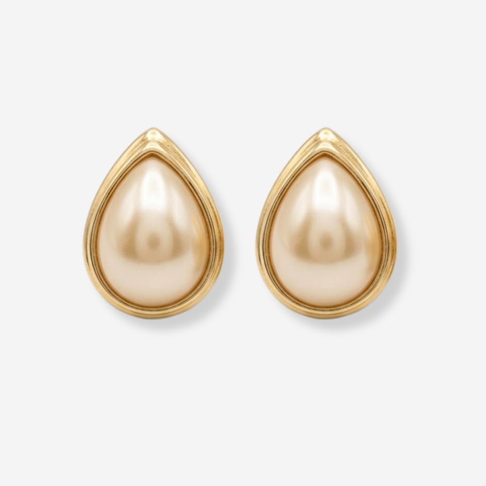 VINTAGE 1980S STATEMENT TEARDROP IVORY PEARL CLIP ON  EARRINGS 