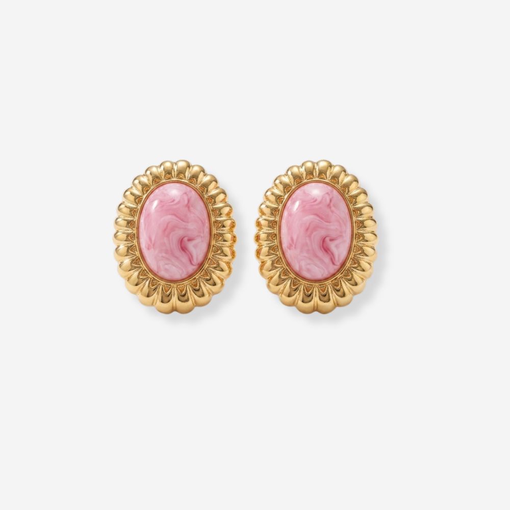 VINTAGE 1990S STATEMENT PINK CABOCHON  RIBBED EARRINGS 