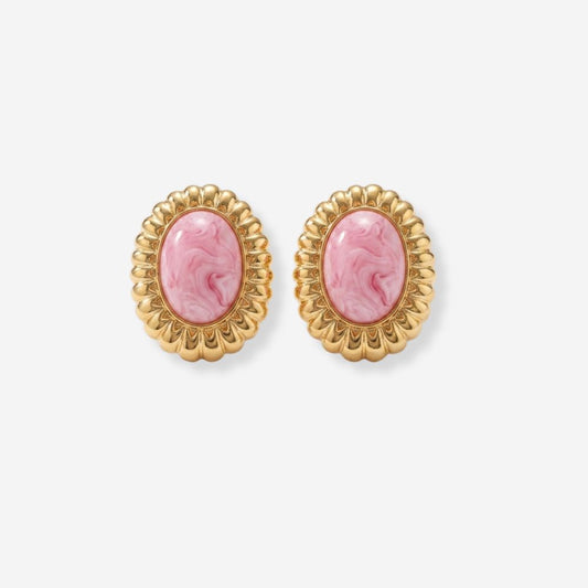 VINTAGE 1990S STATEMENT PINK CABOCHON  RIBBED EARRINGS 