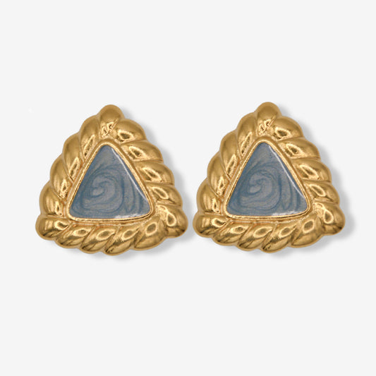 VINTAGE GOLD-PLATED ICY BLUE TRIANGULAR ROPE TEXTURE EARRINGS