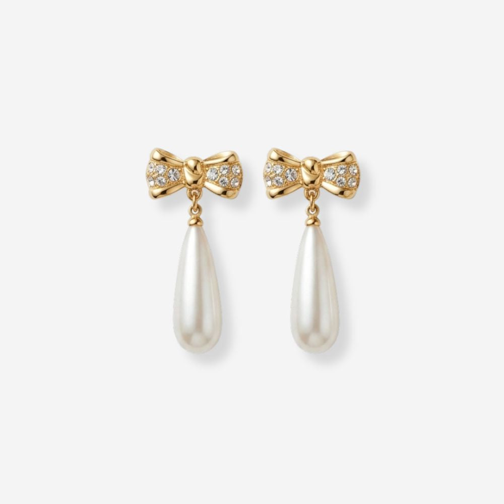 VINTAGE MONET 1990S PETITE CRYSTAL BOW AND PEARL DROPLET  EARRINGS 