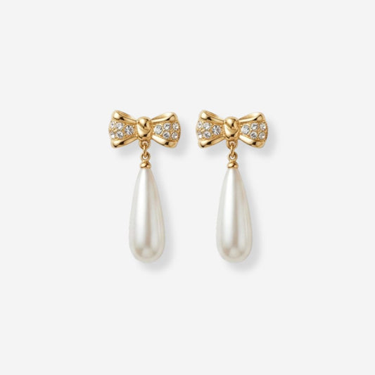 VINTAGE MONET 1990S PETITE CRYSTAL BOW AND PEARL DROPLET  EARRINGS 