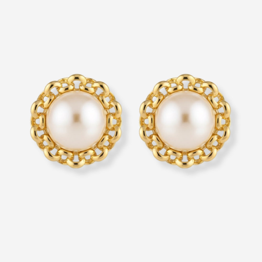 VINTAGE 1980S STATEMENT CHAIN LINK IMITATION  PEARL ROUND  CLIP ON EARRINGS