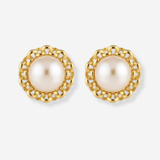 VINTAGE 1980S STATEMENT CHAIN LINK IMITATION  PEARL ROUND  CLIP ON EARRINGS