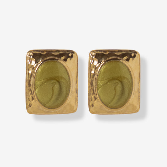 VINTAGE 1970S HAND-PAINTED OLIVE GREEN SQUARE STUD EARRINGS